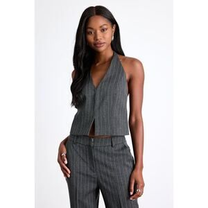 Lulus Thalina Dark Grey Pinstriped Rhinestone Halter Vest Top - Size M